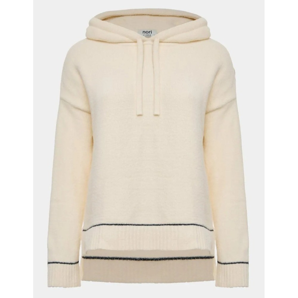Nori Feather Yarn Hooded Sweater Cream Asymmetrical Hem Cozy Luxe Knit‎ L